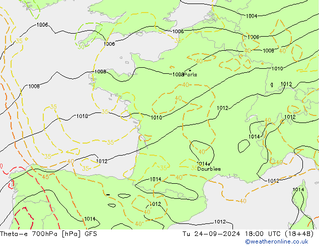 Theta-e 700hPa GFS Ter 24.09.2024 18 UTC