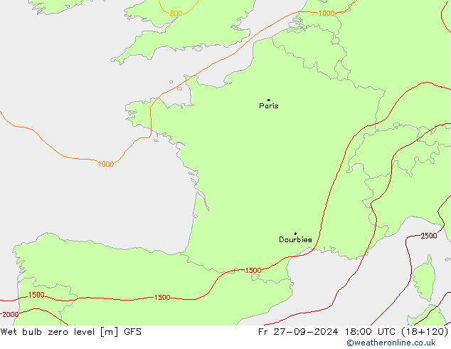 Wet bulb zero level GFS Fr 27.09.2024 18 UTC