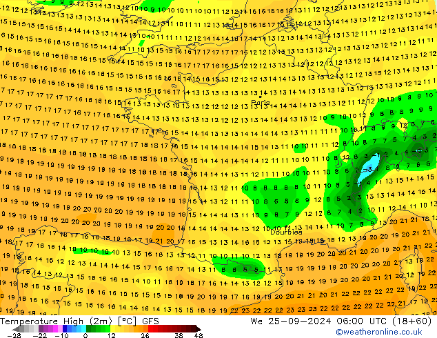 Temperature High (2m) GFS We 25.09.2024 06 UTC