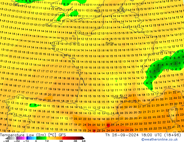 Min. Temperatura (2m) GFS czw. 26.09.2024 18 UTC