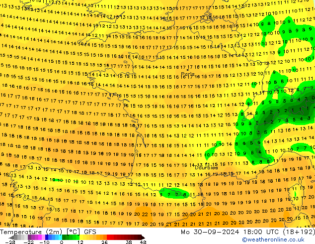 Temperature (2m) GFS Mo 30.09.2024 18 UTC