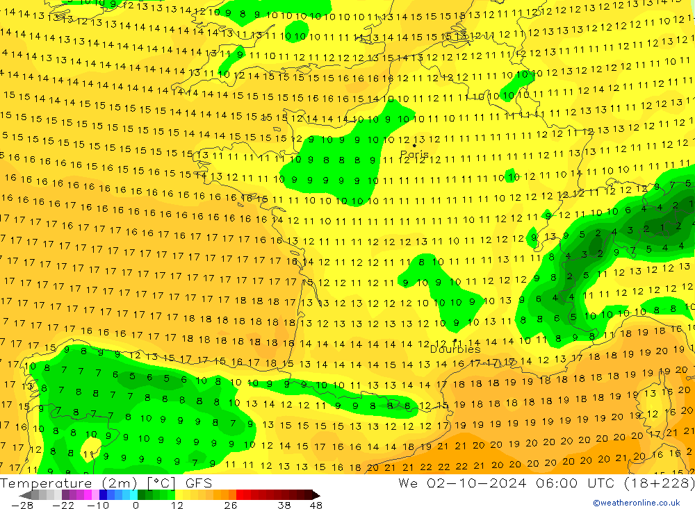 Temperature (2m) GFS We 02.10.2024 06 UTC