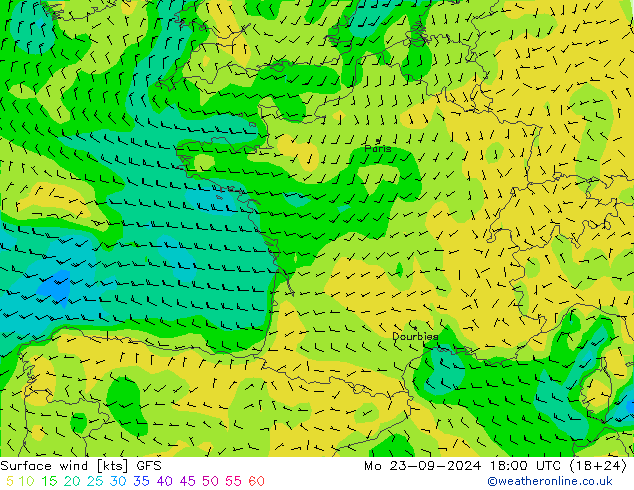 Surface wind GFS Mo 23.09.2024 18 UTC