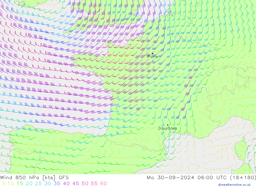 Vento 850 hPa GFS lun 30.09.2024 06 UTC