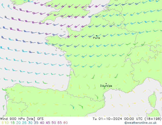 wiatr 900 hPa GFS wto. 01.10.2024 00 UTC