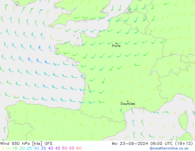 Vento 950 hPa GFS lun 23.09.2024 06 UTC