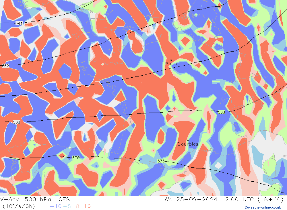 V-Adv. 500 hPa GFS mié 25.09.2024 12 UTC