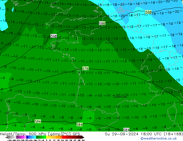 Z500/Rain (+SLP)/Z850 GFS Su 29.09.2024 18 UTC