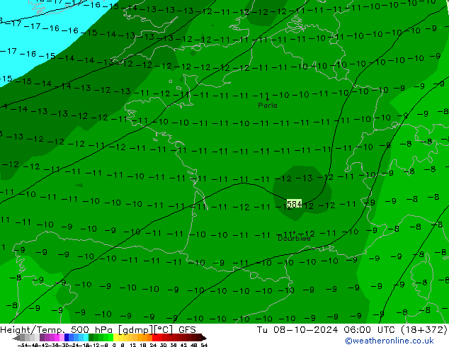 Z500/Rain (+SLP)/Z850 GFS Út 08.10.2024 06 UTC