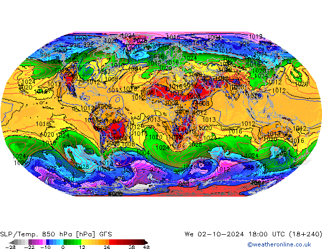 SLP/Temp. 850 hPa GFS mer 02.10.2024 18 UTC