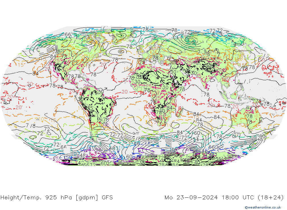 Height/Temp. 925 hPa GFS Mo 23.09.2024 18 UTC