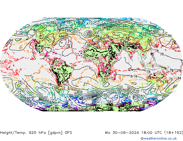 Height/Temp. 925 hPa GFS Po 30.09.2024 18 UTC