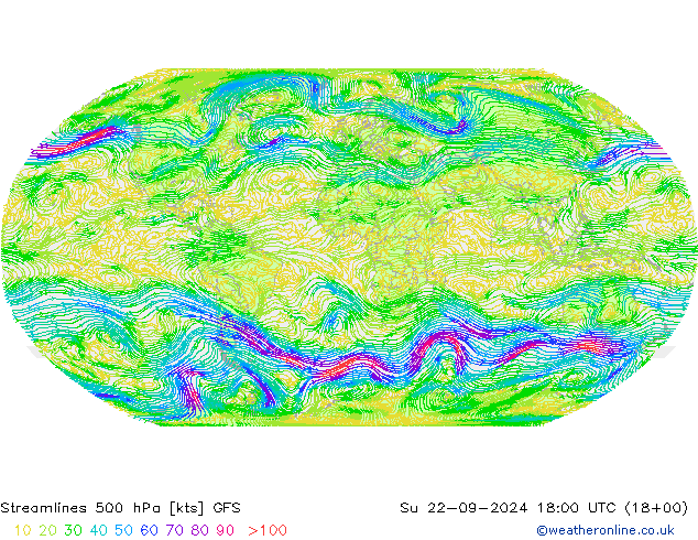 Linea di flusso 500 hPa GFS dom 22.09.2024 18 GMT