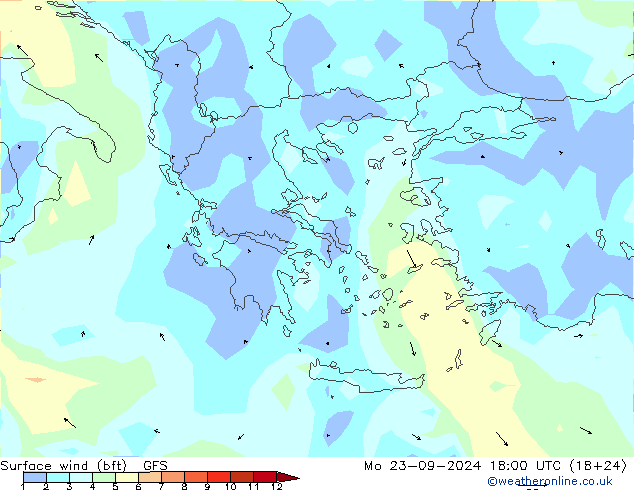 ве�Bе�@ 10 m (bft) GFS пн 23.09.2024 18 UTC