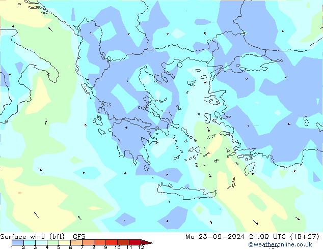Bodenwind (bft) GFS Mo 23.09.2024 21 UTC