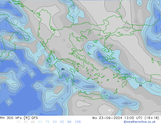 RH 300 hPa GFS Mo 23.09.2024 12 UTC