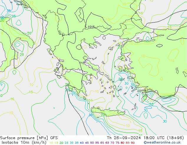 Isotachs (kph) GFS gio 26.09.2024 18 UTC