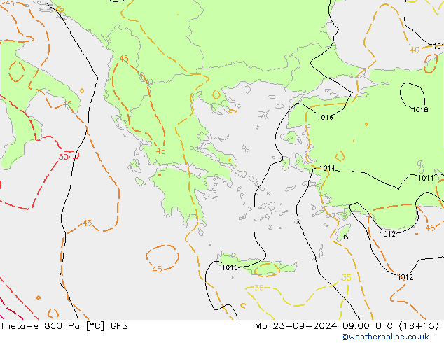 Theta-e 850hPa GFS Mo 23.09.2024 09 UTC