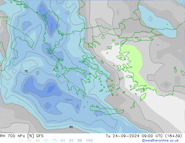 RH 700 hPa GFS Tu 24.09.2024 09 UTC