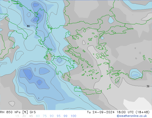 RH 850 hPa GFS Di 24.09.2024 18 UTC