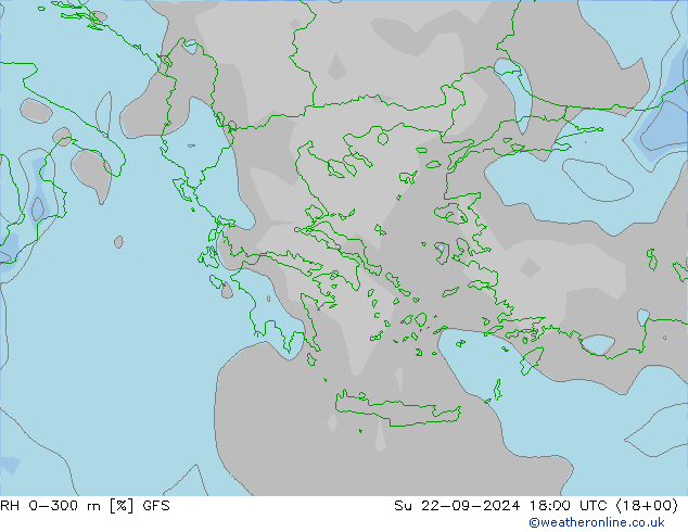 Humedad rel. 0-300m GFS dom 22.09.2024 18 UTC