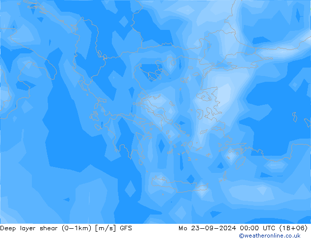 Deep layer shear (0-1km) GFS lun 23.09.2024 00 UTC