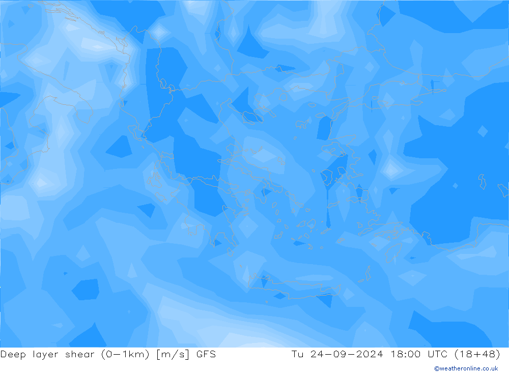 Deep layer shear (0-1km) GFS  24.09.2024 18 UTC