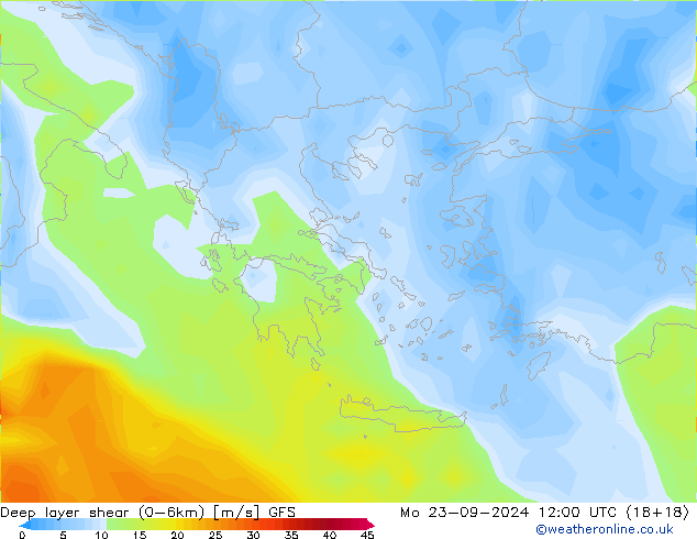 Deep layer shear (0-6km) GFS Pzt 23.09.2024 12 UTC