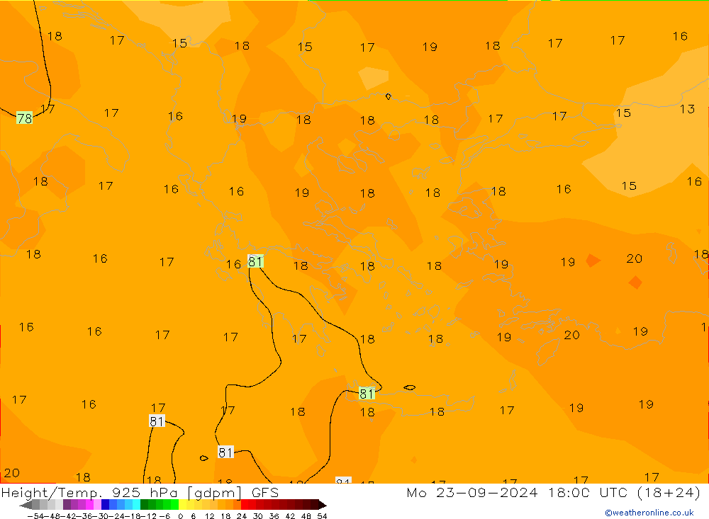 Height/Temp. 925 hPa GFS Po 23.09.2024 18 UTC