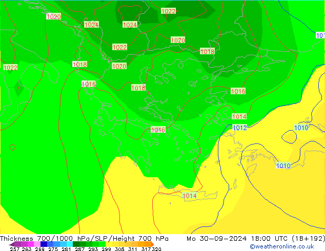 Thck 700-1000 hPa GFS Mo 30.09.2024 18 UTC