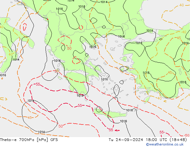 Theta-e 700hPa GFS Di 24.09.2024 18 UTC