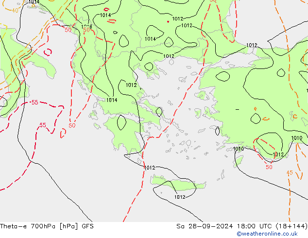 Theta-e 700hPa GFS so. 28.09.2024 18 UTC