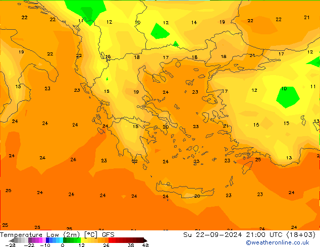 temperatura mín. (2m) GFS Dom 22.09.2024 21 UTC