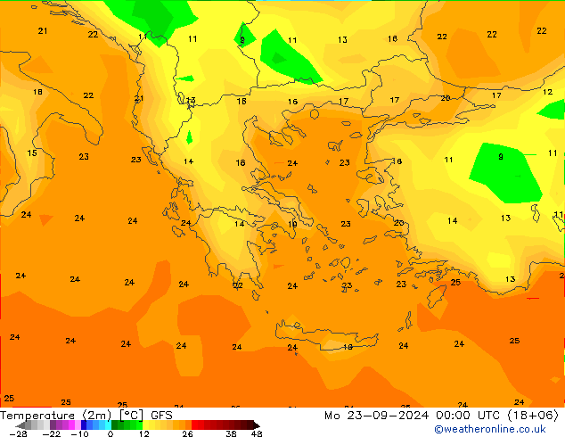 Temperatuurkaart (2m) GFS ma 23.09.2024 00 UTC