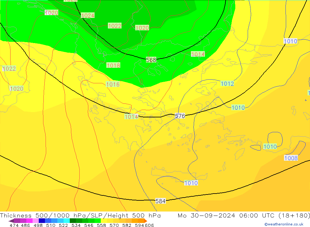 Espesor 500-1000 hPa GFS lun 30.09.2024 06 UTC