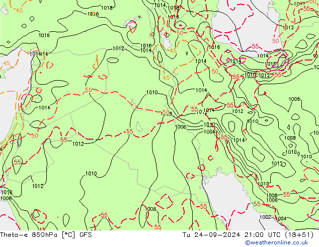 Theta-e 850hPa GFS Sa 24.09.2024 21 UTC