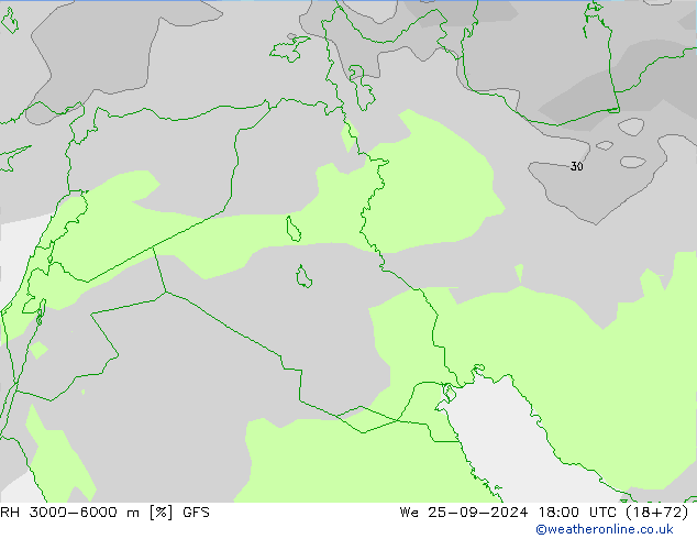 RH 3000-6000 m GFS śro. 25.09.2024 18 UTC