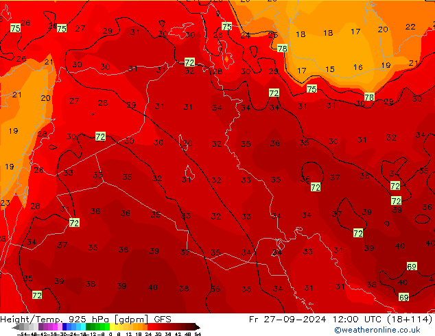 Height/Temp. 925 hPa GFS ven 27.09.2024 12 UTC