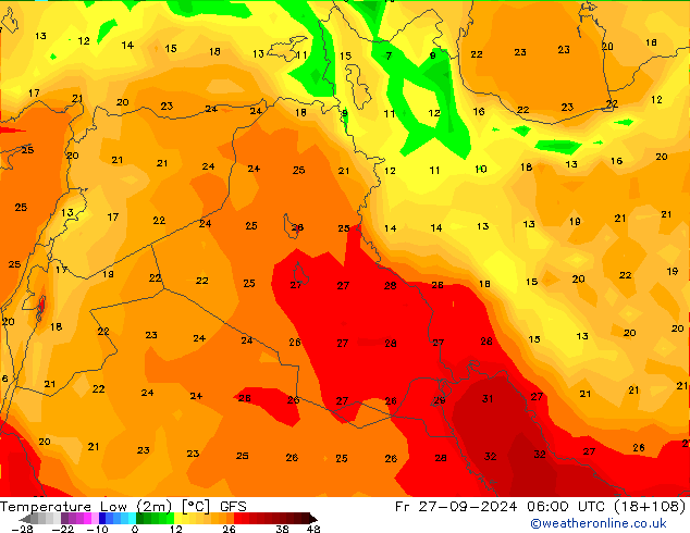 Temperature Low (2m) GFS Fr 27.09.2024 06 UTC