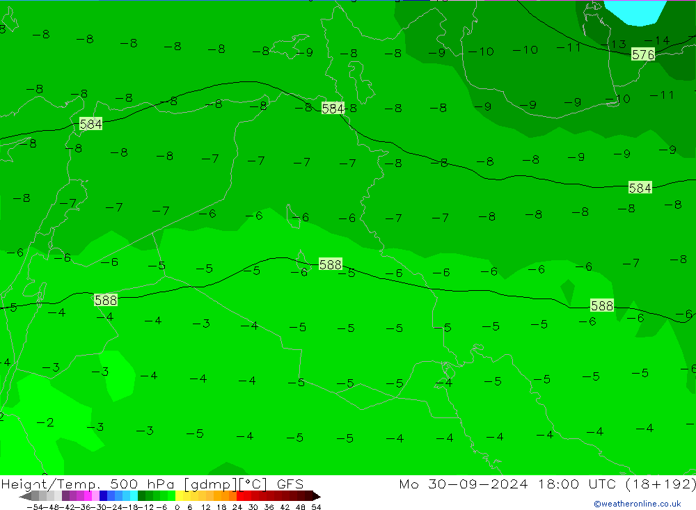 Height/Temp. 500 hPa GFS Mo 30.09.2024 18 UTC