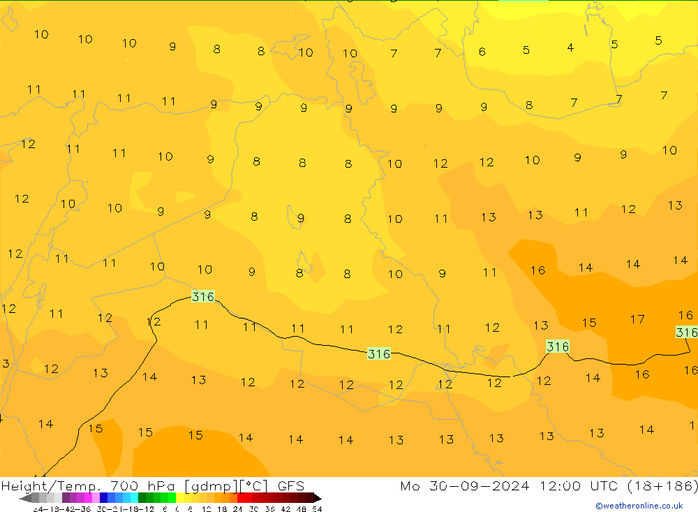 Height/Temp. 700 hPa GFS Mo 30.09.2024 12 UTC