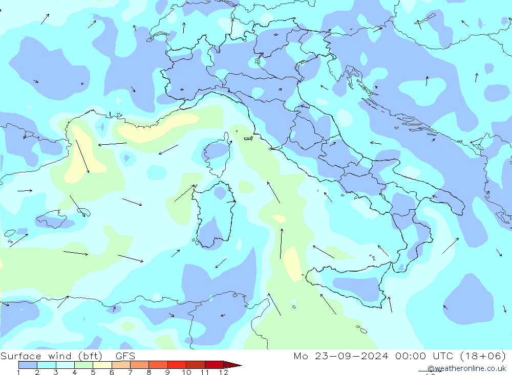 Surface wind (bft) GFS Mo 23.09.2024 00 UTC