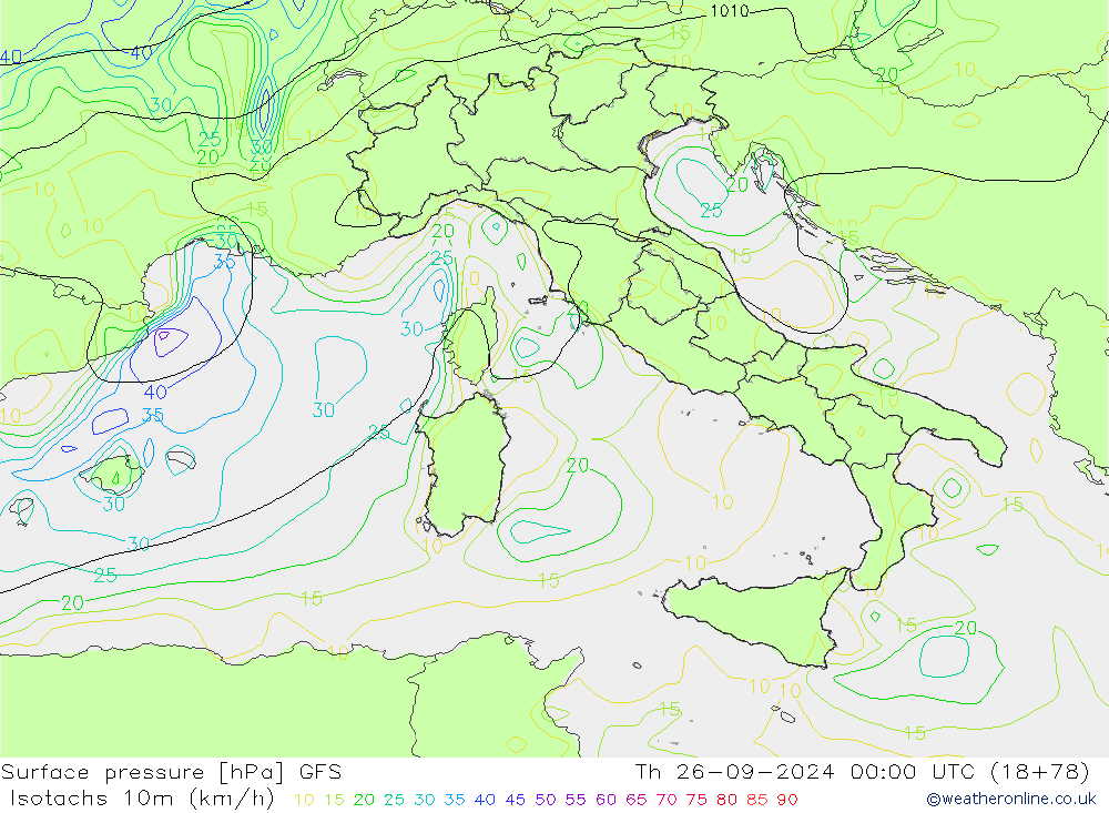 Isotachs (kph) GFS Th 26.09.2024 00 UTC