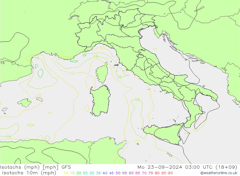 Isotachs (mph) GFS Po 23.09.2024 03 UTC