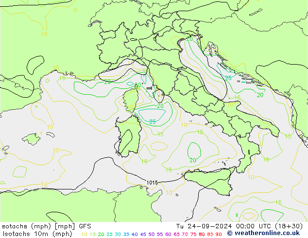 Isotachs (mph) GFS Út 24.09.2024 00 UTC