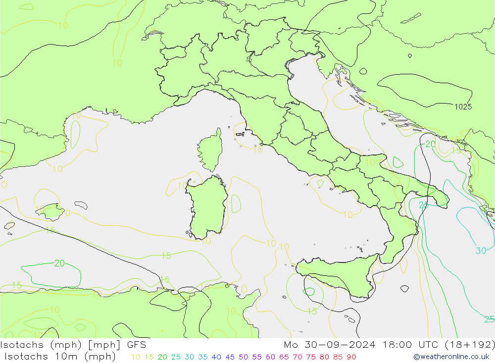 Isotachen (mph) GFS ma 30.09.2024 18 UTC