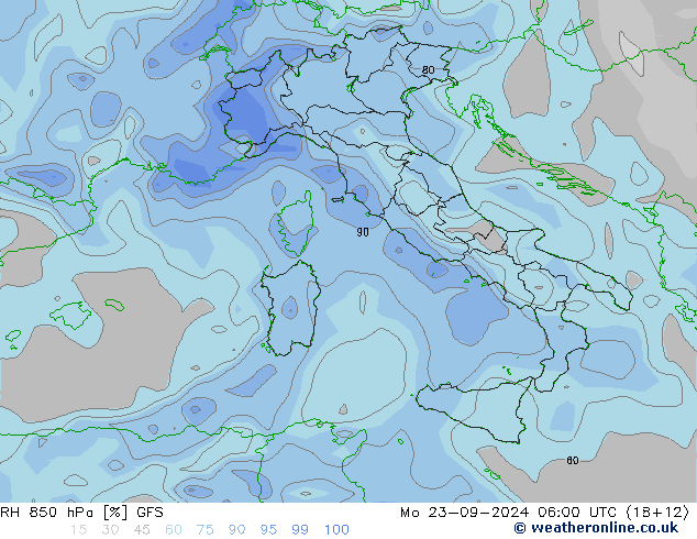 Humidité rel. 850 hPa GFS lun 23.09.2024 06 UTC