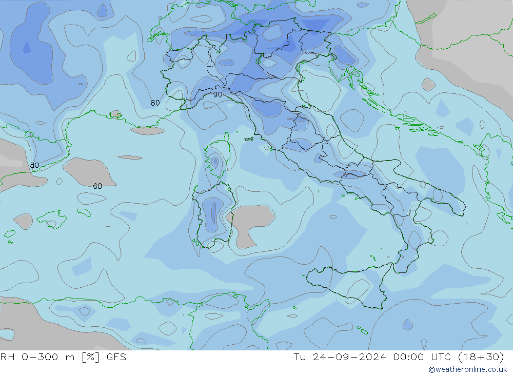 Humidité rel. 0-300 m GFS mar 24.09.2024 00 UTC