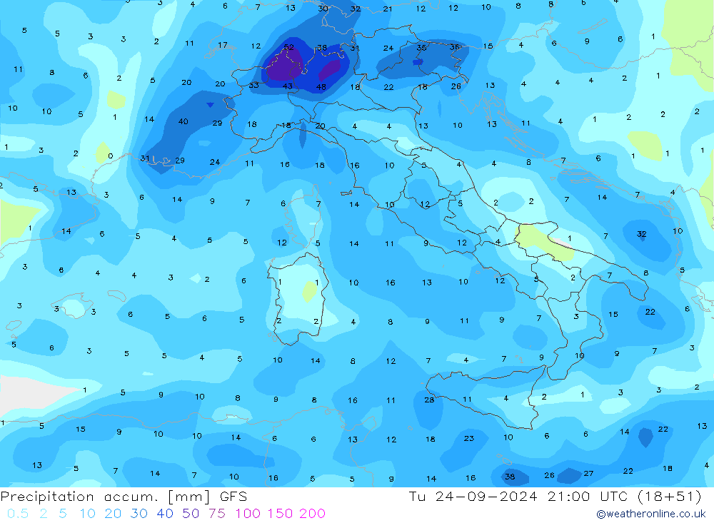 Precipitation accum. GFS вт 24.09.2024 21 UTC