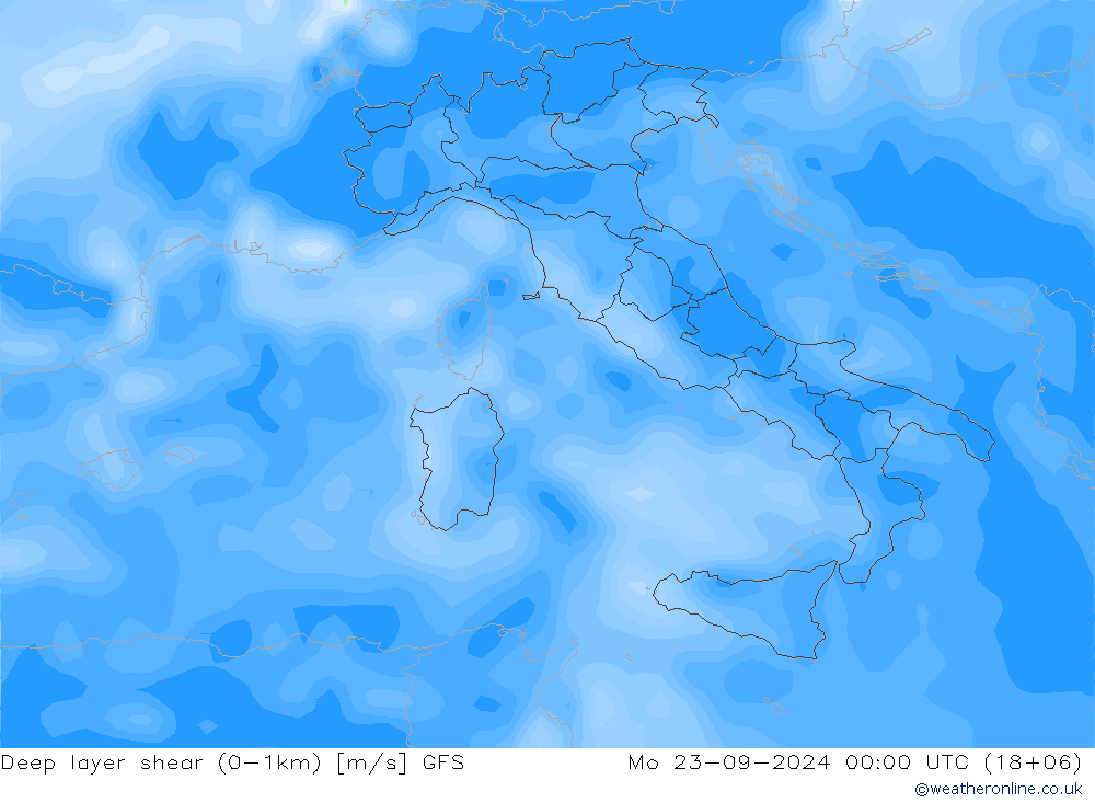 Deep layer shear (0-1km) GFS Seg 23.09.2024 00 UTC